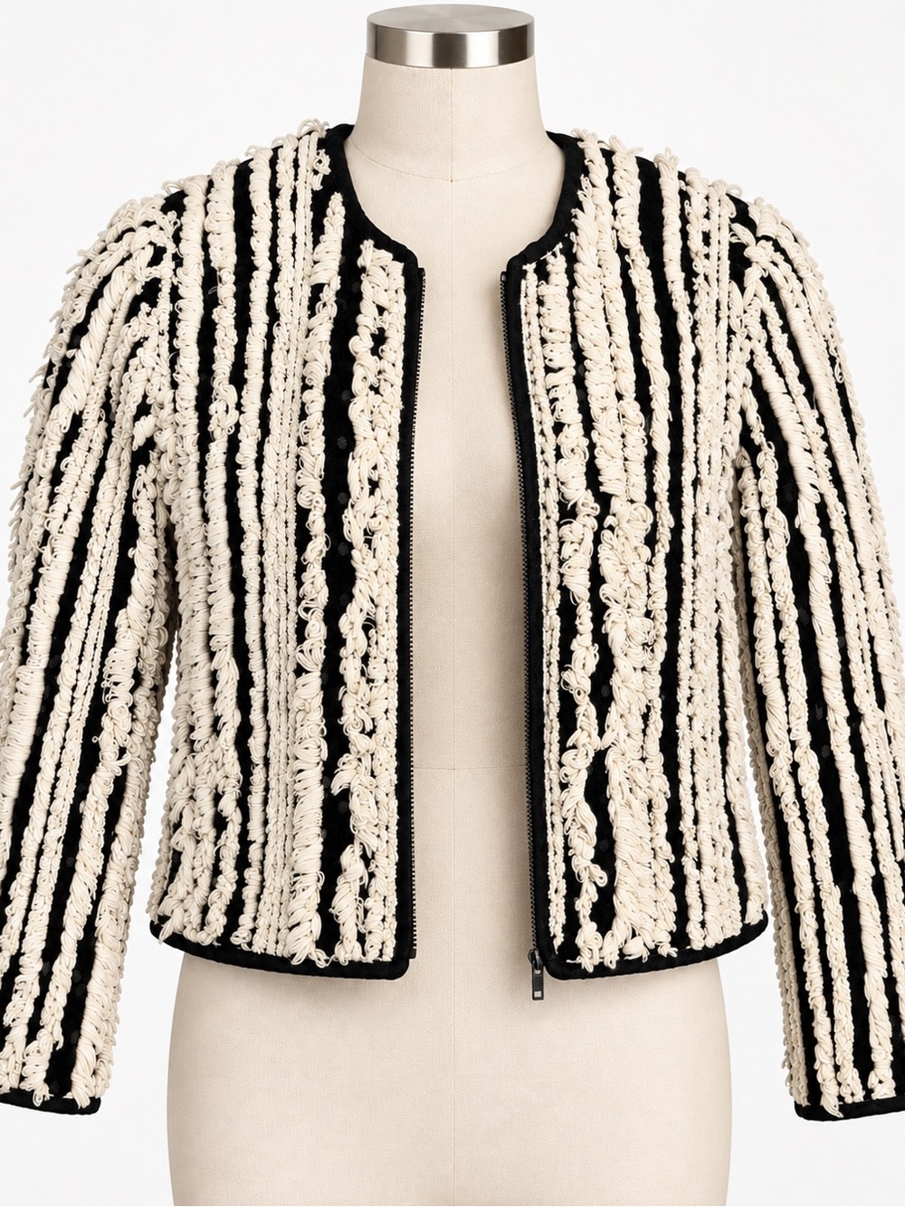 MOTHER Woven Loop-Texture Black & Cream Zip Front Jacket